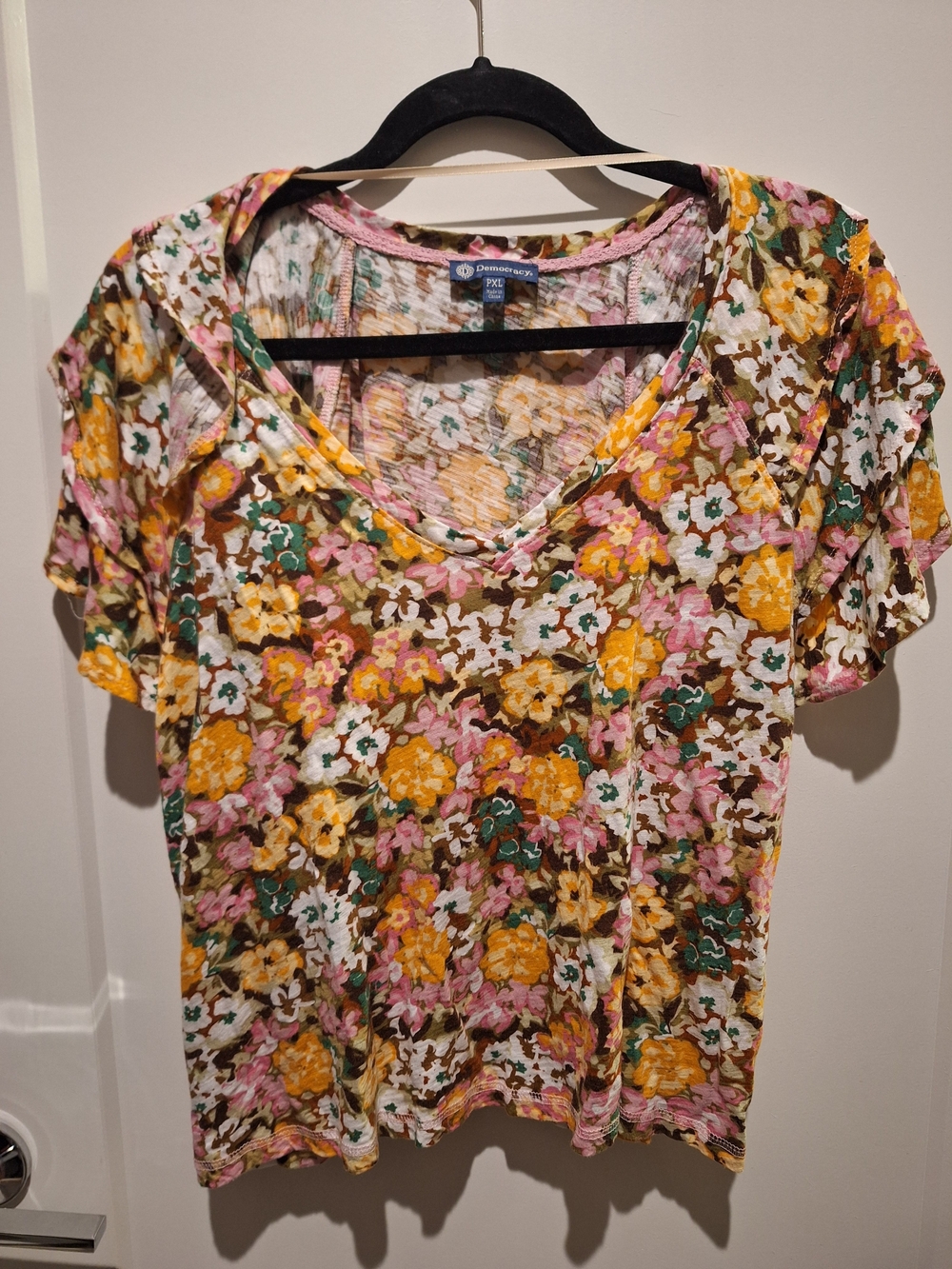Democracy Three Tiered Bell Sleeve V-Neck Blouse - Floral Pink/Orange/White